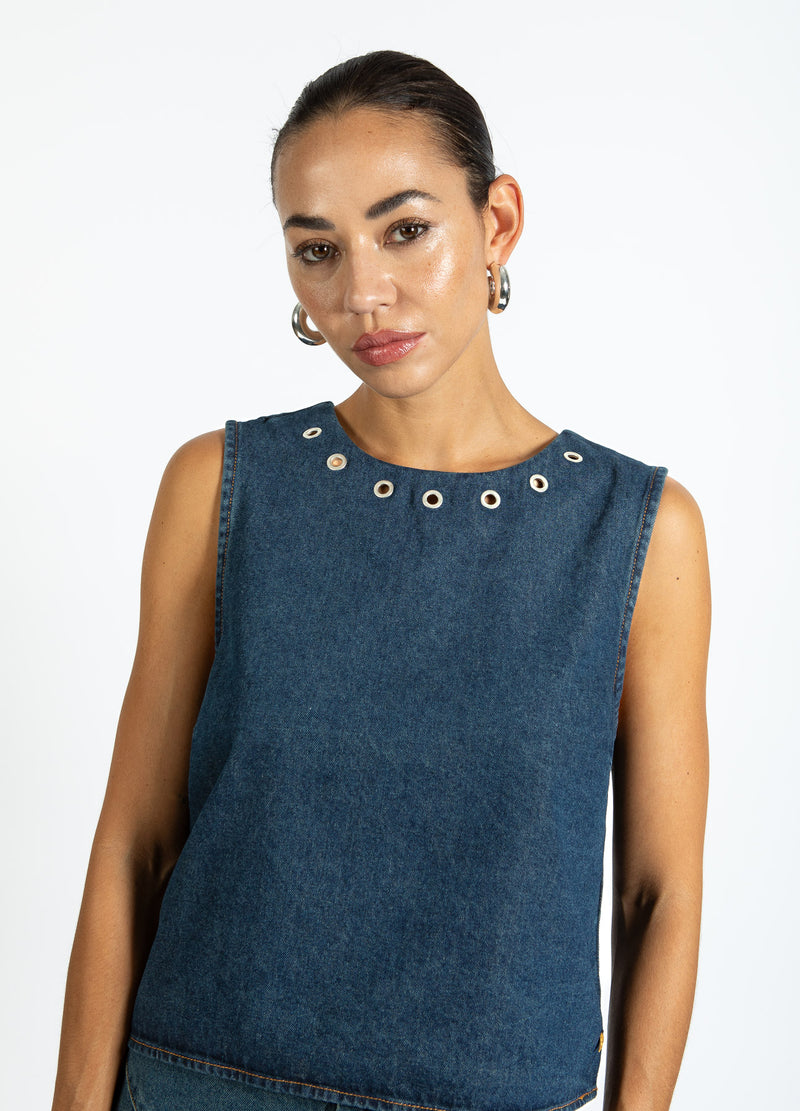 Coster Copenhagen DENIM-TOP MIT ÖSEN Shirt/Blouse Dark Blue Denim - 571