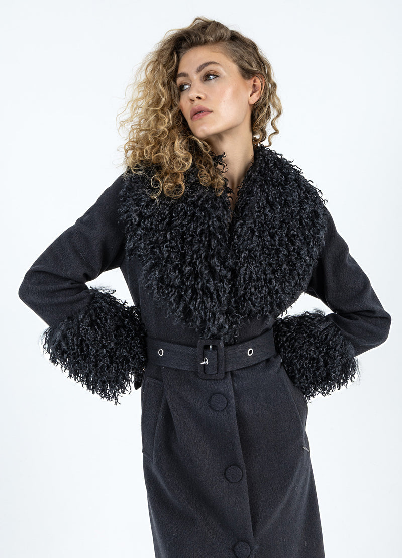 Coster Copenhagen WEICHER MANTEL MIT PELZDETAIL Outerwear Black - 100